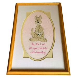 Precious Moments Vintage Cross Stitch Kangaroo Pockets Framed 14X10 Hand Crafted